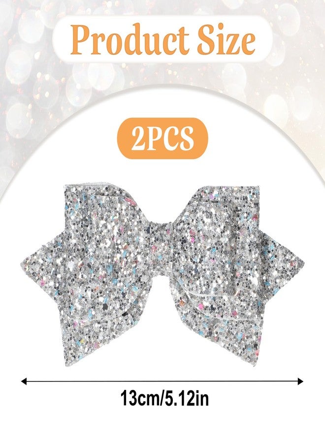 Styquenzer 2 Pcs Silver Hair Bow Clips, 5 Inch Glitter Hair Bows for Girls Sparkly Double Bowed Accessories Glitter Sequin Boutique Head Clip Delicate Satin Headwear for Birthday Wedding Party Back School Gift - Image 2